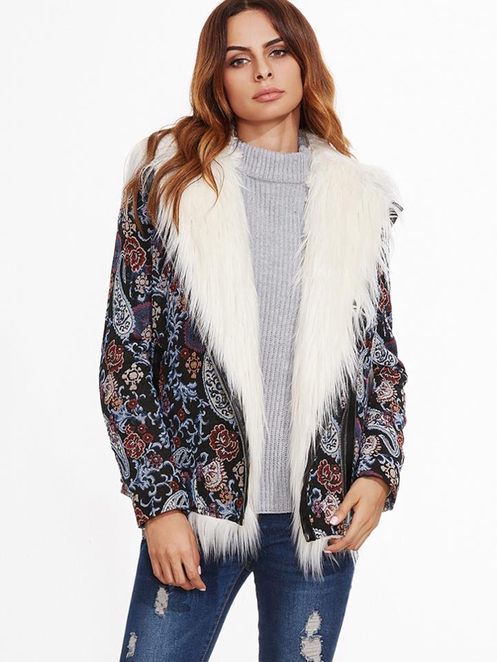 Shein Multicolor Paisley Jacquard Faux Fur Lined Jacket