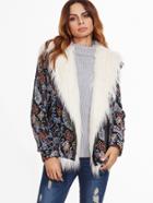 Shein Multicolor Paisley Jacquard Faux Fur Lined Jacket