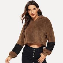 Shein Contrast Panel Detail Crop Teddy Hoodie