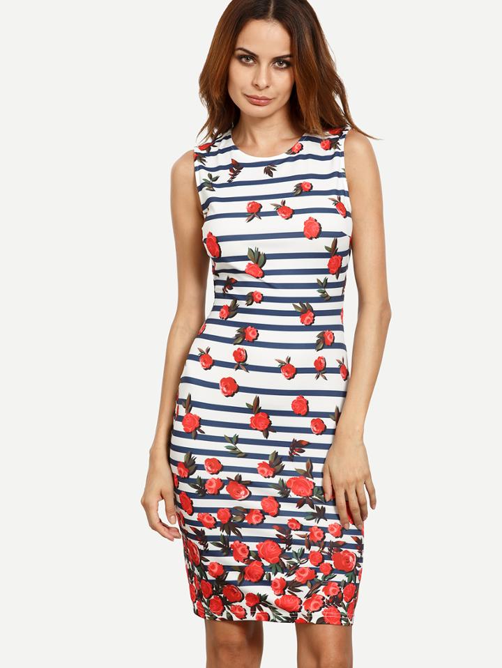 Shein Multicolor Floral Print Sleeveless Split Sheath Dress