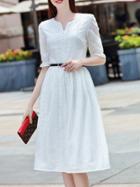 Shein White Embroidered Hollow Belted A-line Dress