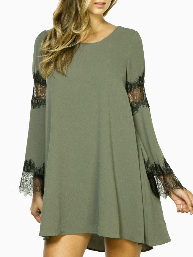Shein Green Eyelash Lace Inset Detail Swing Dress