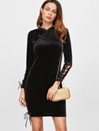 Shein Black Mandarin Collar Lace Up Zipper Back Velvet Dress