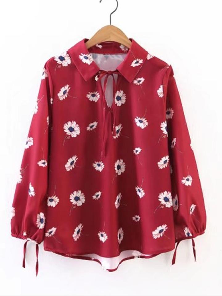 Shein Tie Neck Flower Print Blouse