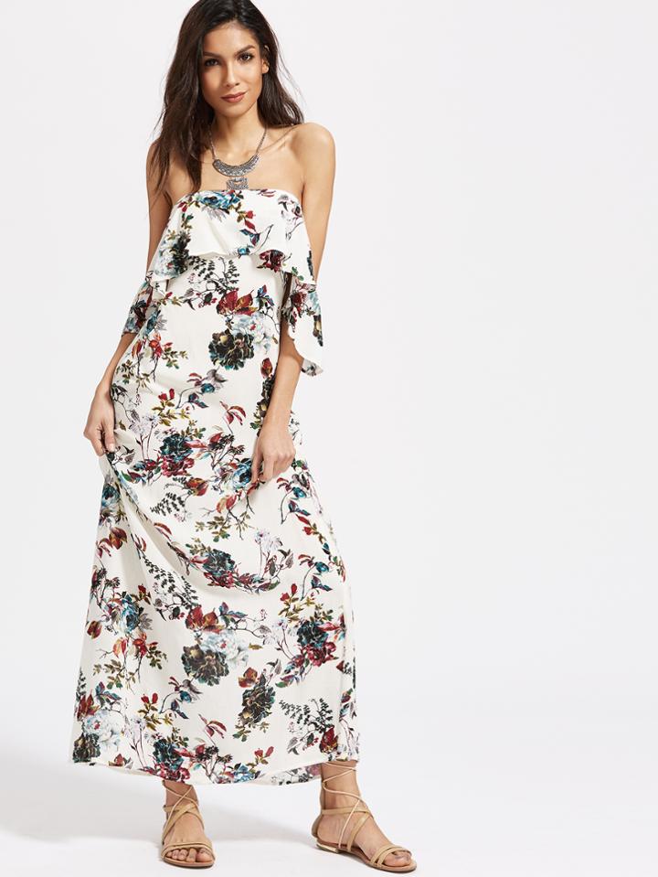 Shein Frill Bardot Floral Print Cutout Back Dress