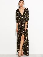 Shein Black V Neck Florals Wrap Maxi Dress