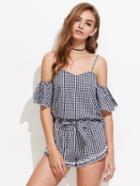 Shein Bell Sleeve Gingham Top And Bow Waist Shorts Set