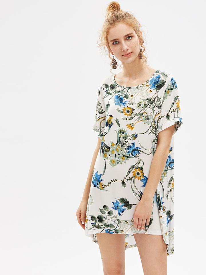 Shein Botanical Print Shift Dip Hem Dress