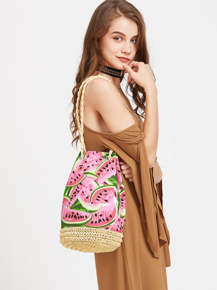 Shein Watermelon Straw Bucket Bag With Strap