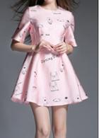 Rosewe Light Pink Printed Short Sleeve A Line Dress