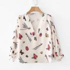 Shein Insect Print Drop Shoulder Tie Cuff Blouse