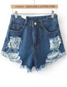 Shein Navy Ripped Fringe Denim Shorts