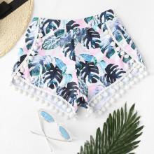 Shein Pom Pom Trim Tropical Swim Cover Up Shorts