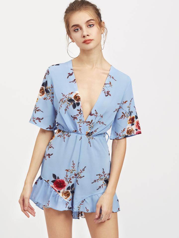 Shein Plunging V Neckline Florals Zipper Back Frill Hem Romper