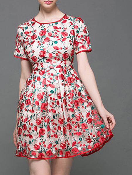 Shein Beige Rose Gauze Embroidered A-line Dress