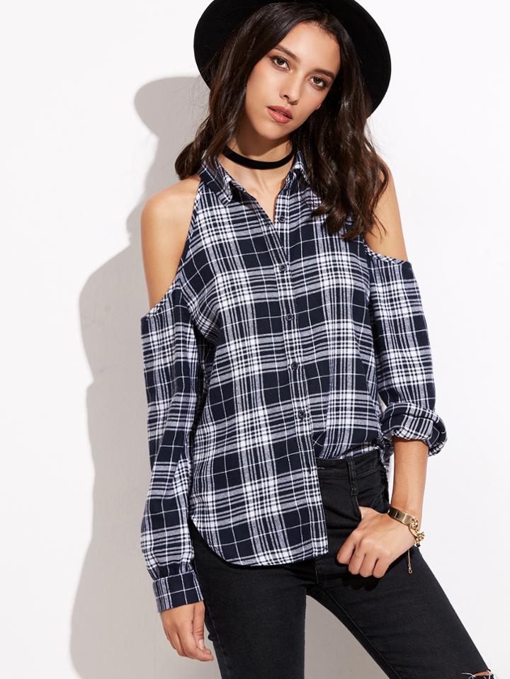 Shein Navy Plaid Cold Shoulder Curved Hem Blouse