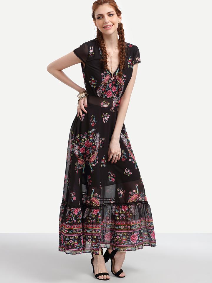 Shein Black Flower Print Mesh Insert Ruffled Dress