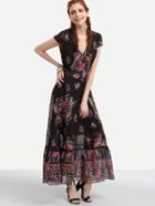 Shein Black Flower Print Mesh Insert Ruffled Dress