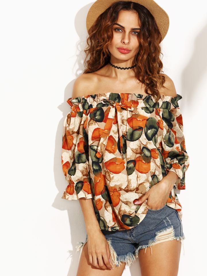 Shein Off The Shoulder Print Shirred Top