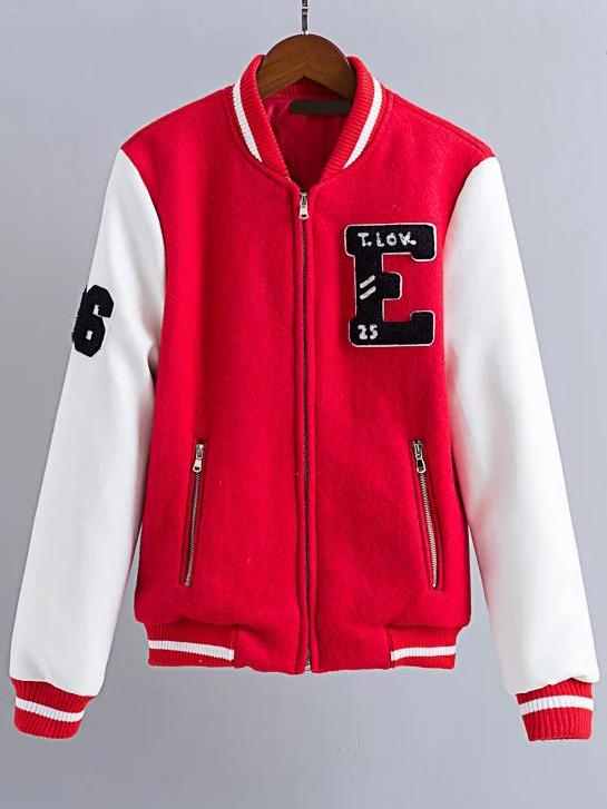 Shein Red Color Block Patch Baseball Jacket