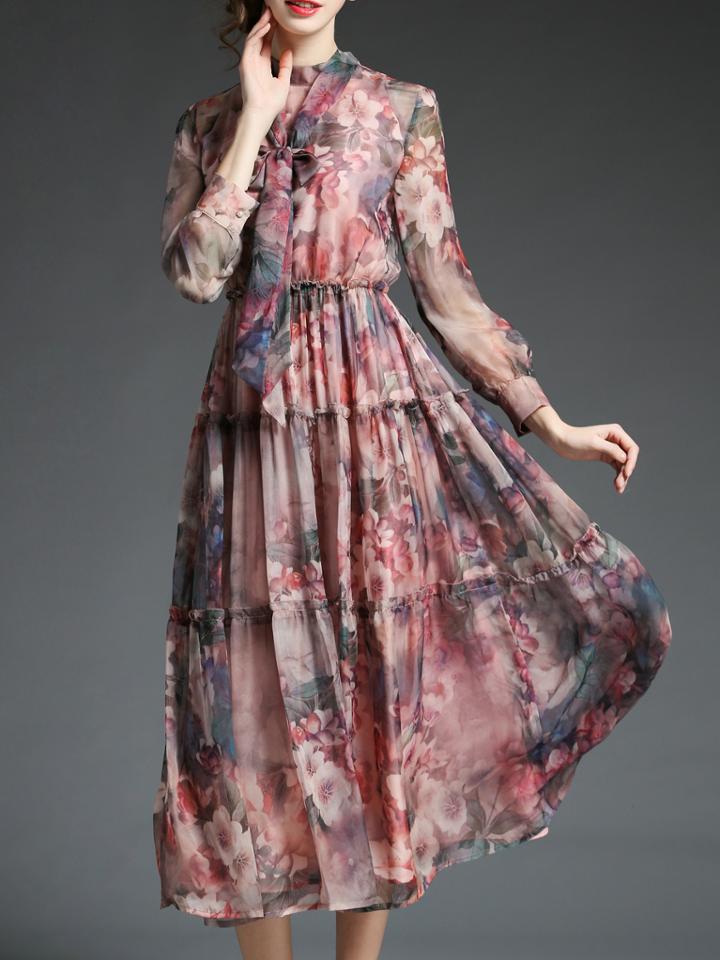 Shein Multicolor Tie Neck Floral A-line Dress