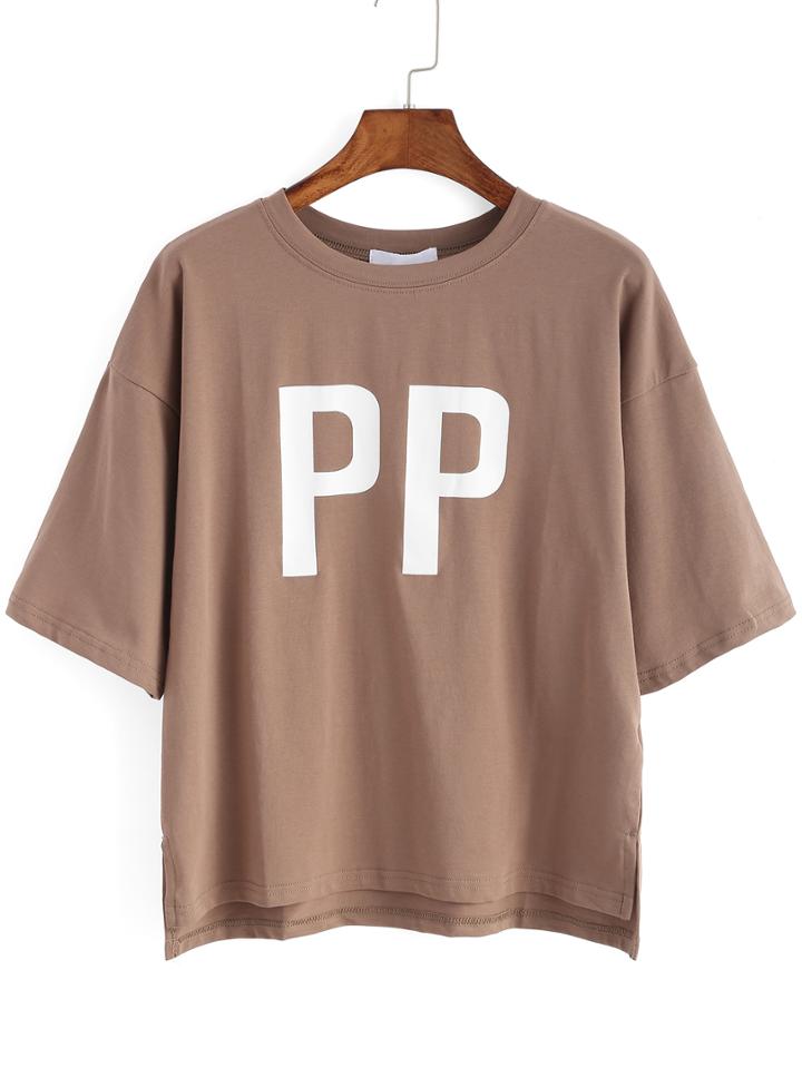 Shein Coffee Crew Neck Pp Print Loose T-shirt