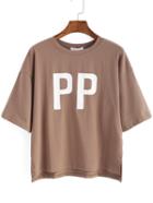 Shein Coffee Crew Neck Pp Print Loose T-shirt