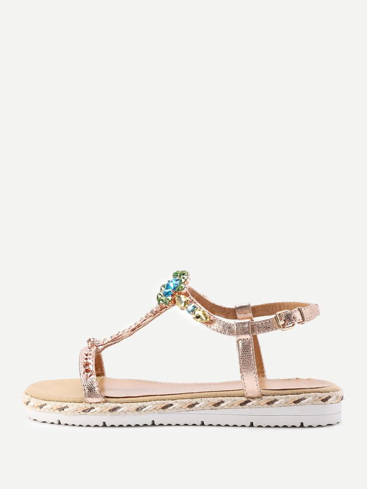 Shein Rhinestone Flower T Strap Sandals