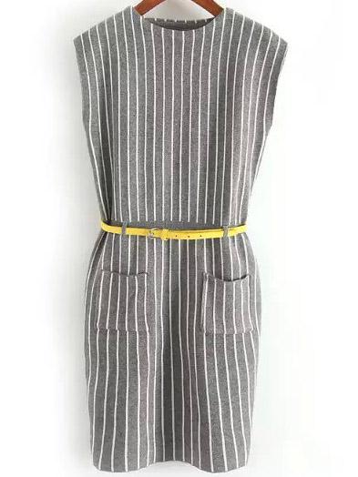 Shein Grey Round Neck Vertical Stripe Knit Dress