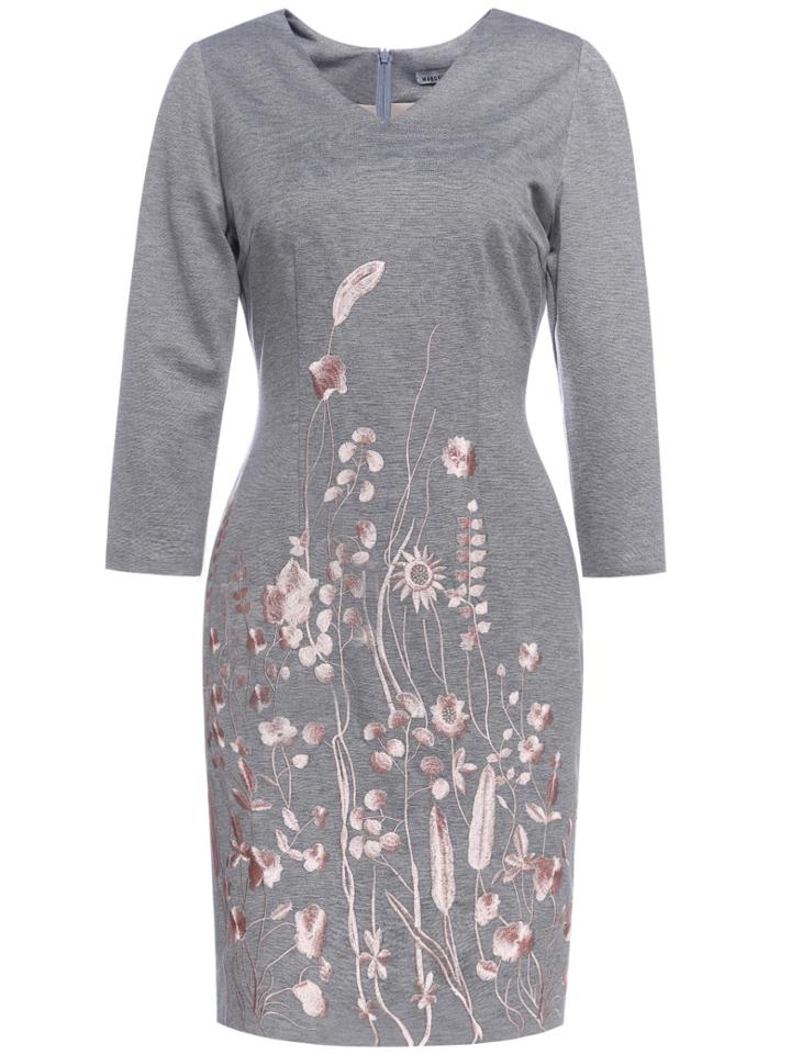 Shein Grey V Neck Flowers Embroidered Sheath Dress