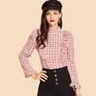 Shein Ruffle Trim Double Button Plaid Mock Top