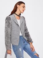 Shein Faux Fur Sleeve Belted Hem Heathered Jacket