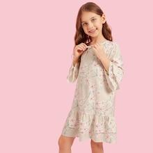 Shein Girls Tie Neck Ruffle Hem Floral Print Dress
