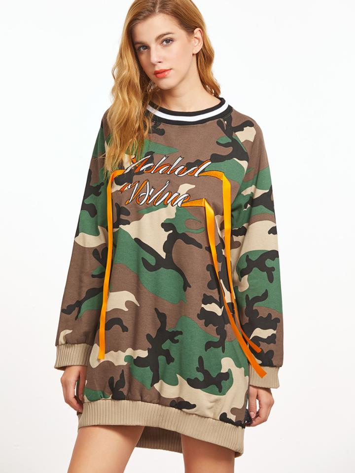 Shein Contrast Striped Trim Camo Print Embroidered Sweatshirt Dress