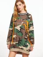 Shein Contrast Striped Trim Camo Print Embroidered Sweatshirt Dress