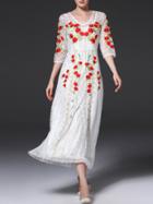 Shein White V Neck Flowers Embroidered Long Dress
