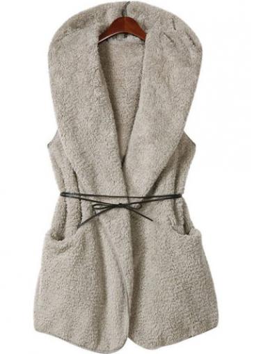 Rosewe Belted Hooded Collar Apricot Thicken Waistcoat