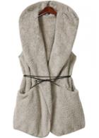 Rosewe Belted Hooded Collar Apricot Thicken Waistcoat
