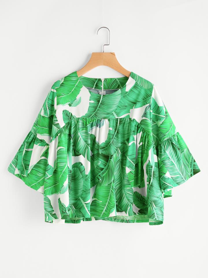 Shein Palm Leaf Print Zipper Back Smock Blouse