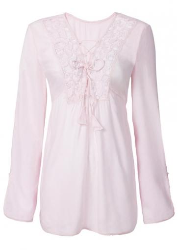 Rosewe Flare Sleeve Lace Up Light Pink Blouse