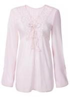 Rosewe Flare Sleeve Lace Up Light Pink Blouse