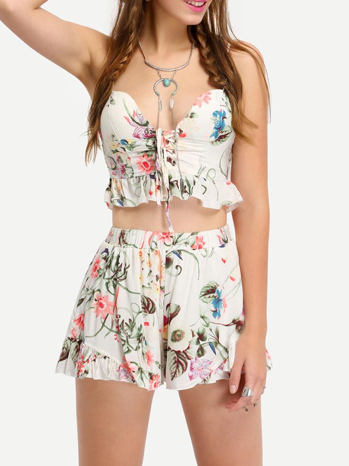 Shein Flower Print Crop Peplum Cami Top With Shorts - White