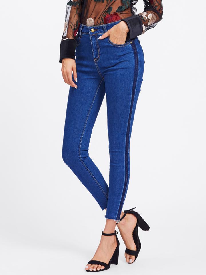 Shein Contrast Side Striped Frayed Hem Jeans