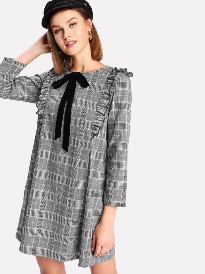 Shein Tie Neck Ruffle Trim Plaid Dress