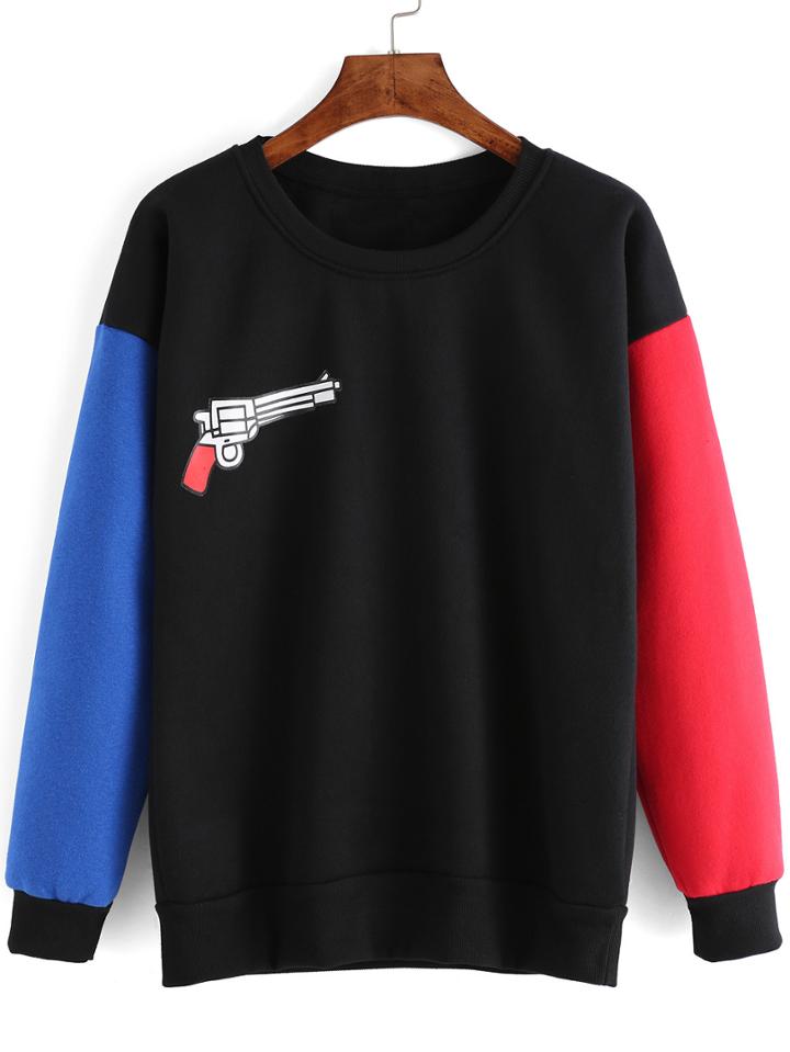 Shein Colour-block Crew Neck Gun Print Sweatshirt