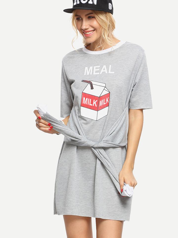 Shein Grey Milk Box Print Tie T Shirt Dress