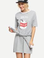 Shein Grey Milk Box Print Tie T Shirt Dress