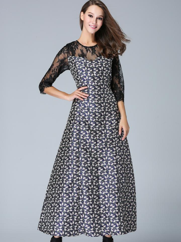 Shein Multicolor Round Neck Half Sleeve Jacquard Contrast Lace Dress