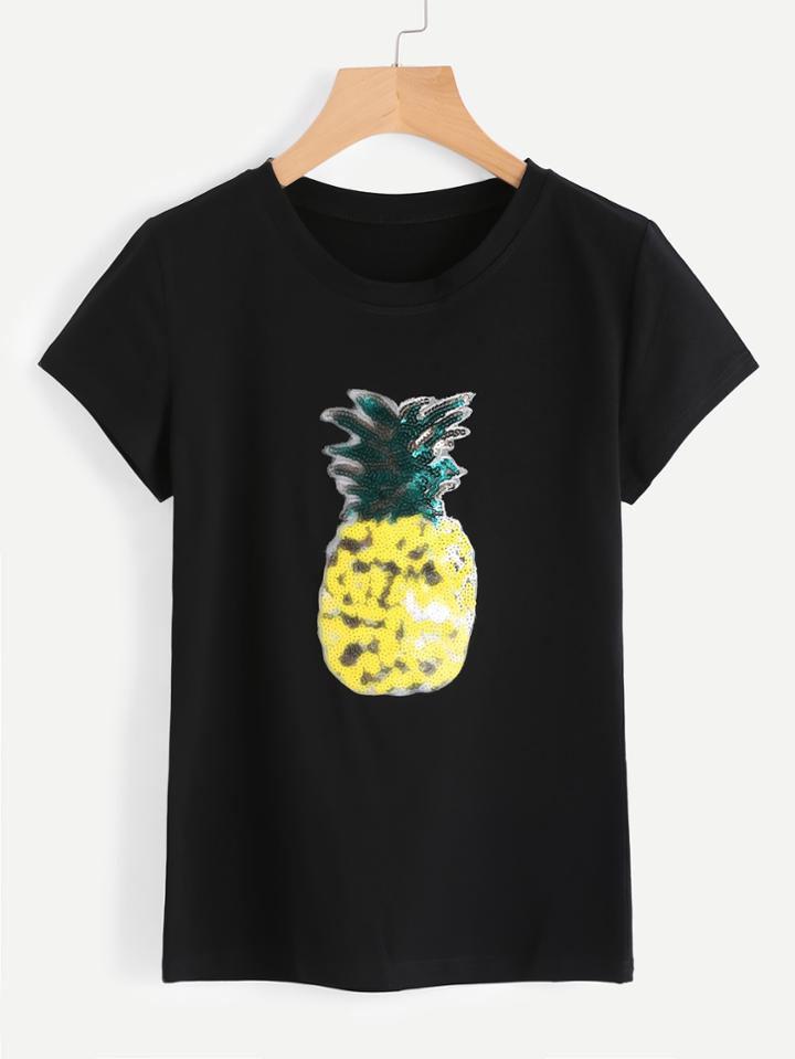 Shein Sequin Pineapple Applique Tee