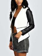 Shein White Collarless Quilted Pu Sleeve Jacket